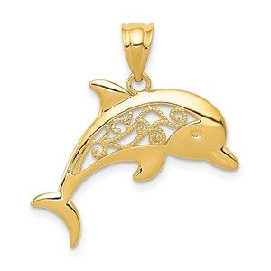 14k Yellow Gold Filigree Mini Dolphin Nautical Sea Life Necklace Charm Pendant